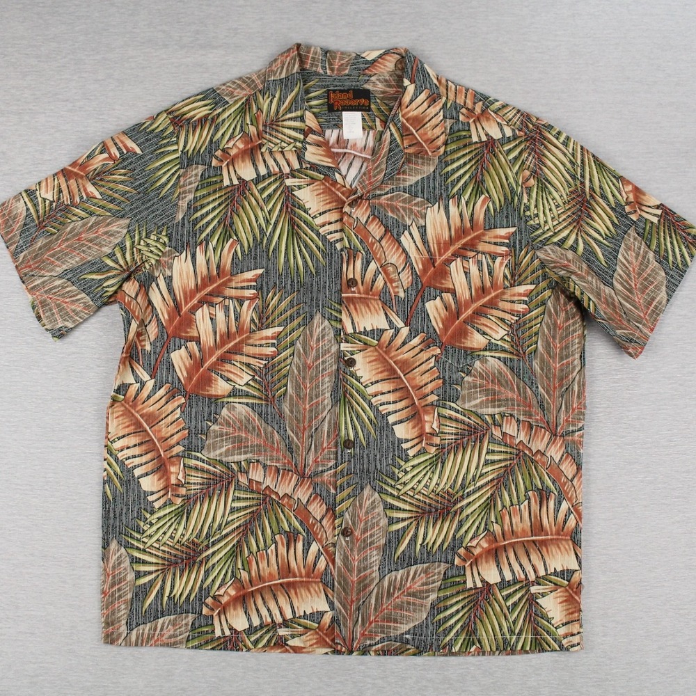 Island Reserve Hawaiian Shirt Mens Size L Black Foliage Short Sleeve Cotton
